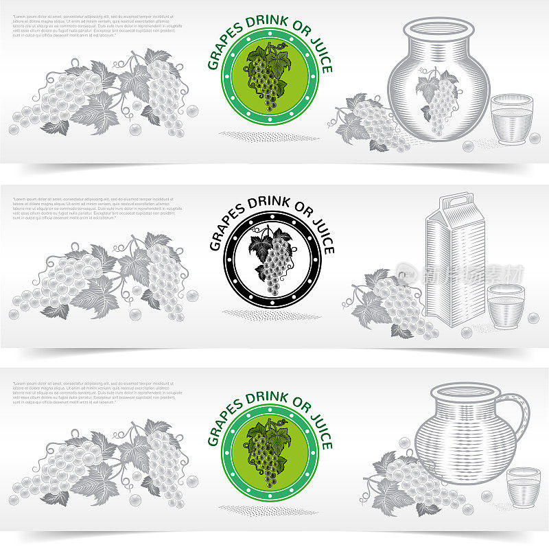 Three square banners of grapes juice or drink product. Vector illustration with engraving style